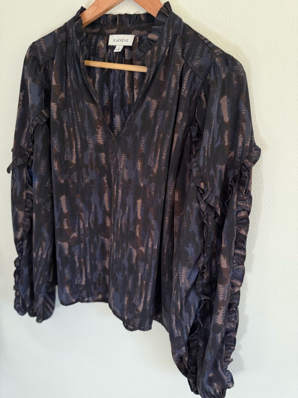 Evereve Black Blouse with Taupe Brushstroke Ruffle Sleeves - Picture 2 of 7